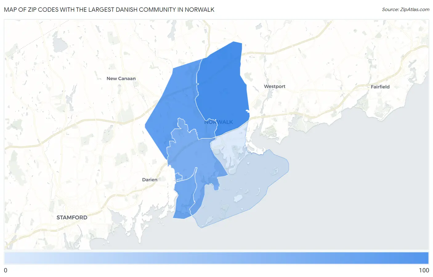Zip Codes with the Largest Danish Community in Norwalk Map