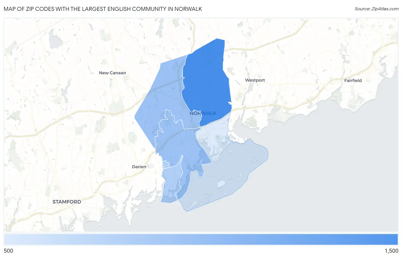 Zip Codes with the Largest English Community in Norwalk Map