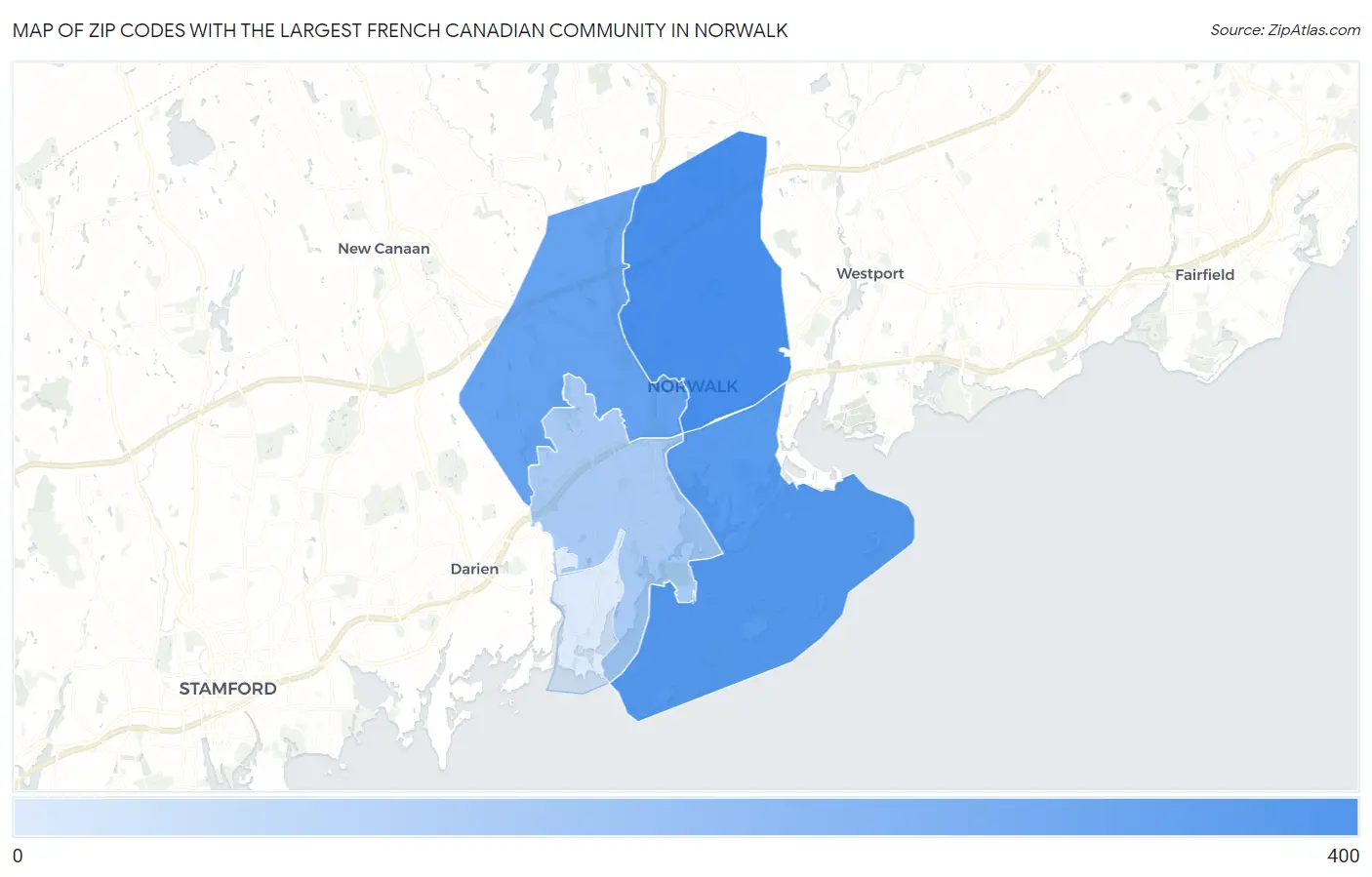 Zip Codes with the Largest French Canadian Community in Norwalk Map
