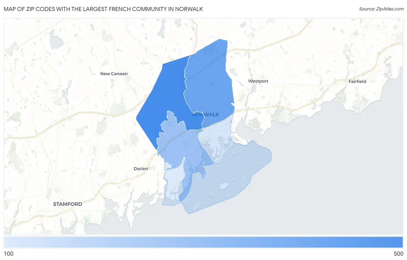 Zip Codes with the Largest French Community in Norwalk Map