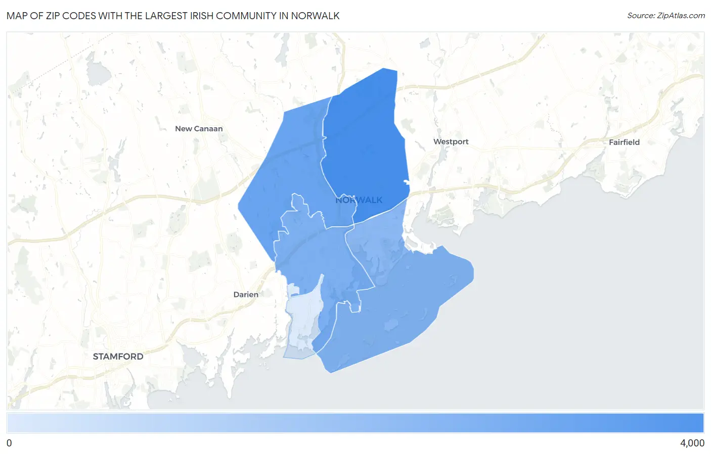 Zip Codes with the Largest Irish Community in Norwalk Map