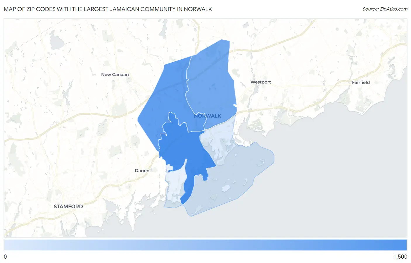 Zip Codes with the Largest Jamaican Community in Norwalk Map