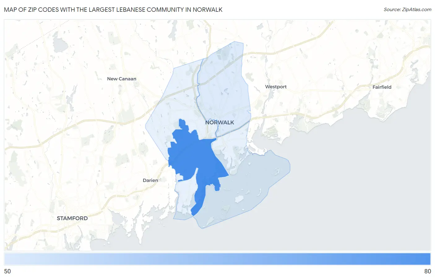 Zip Codes with the Largest Lebanese Community in Norwalk Map
