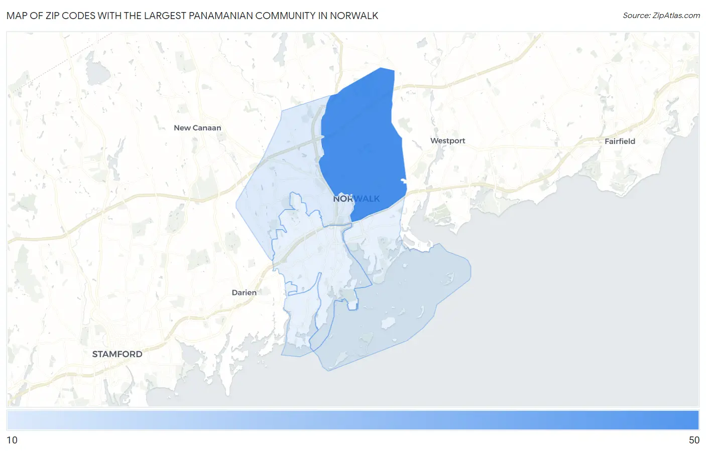 Zip Codes with the Largest Panamanian Community in Norwalk Map