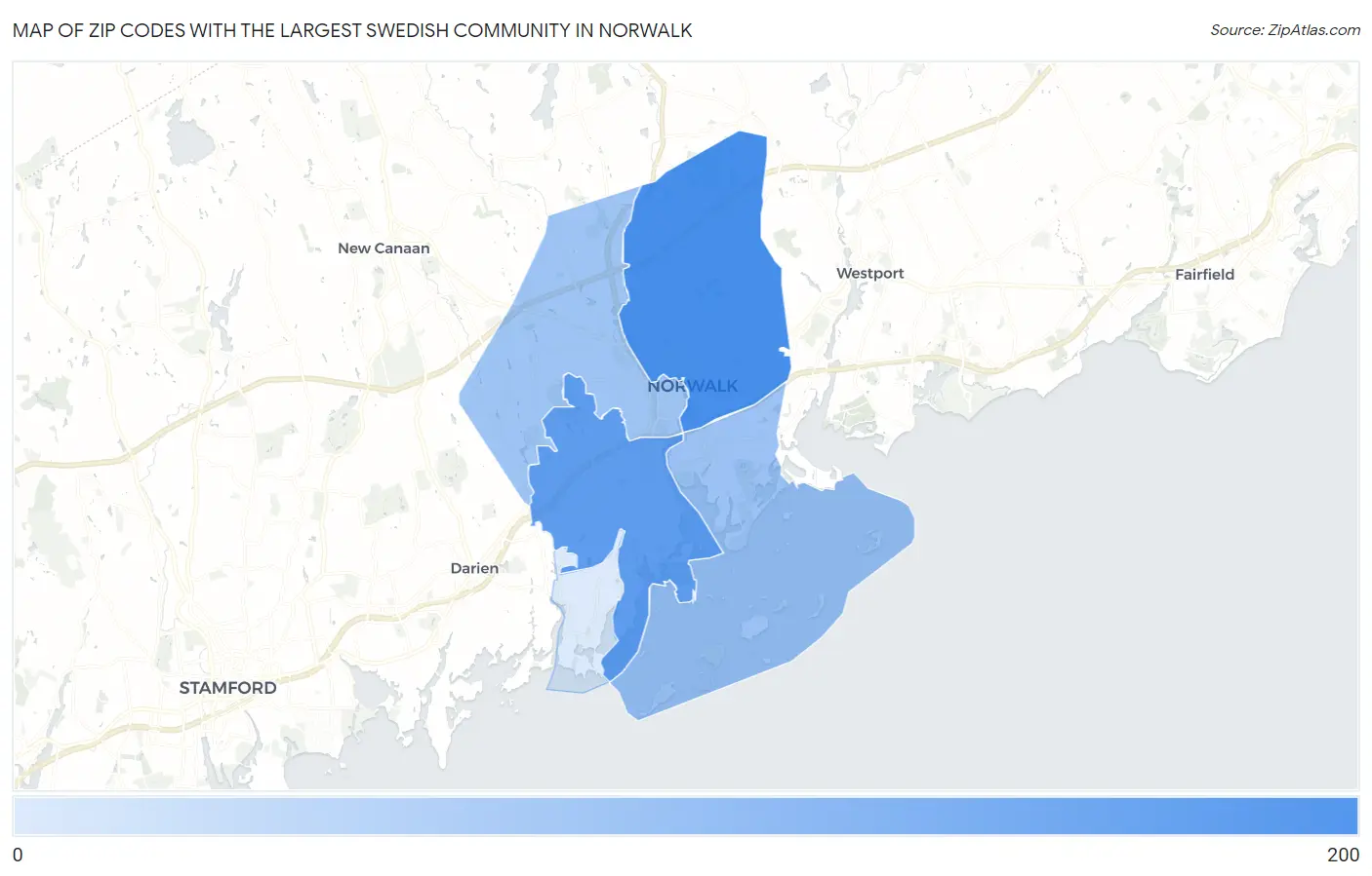 Zip Codes with the Largest Swedish Community in Norwalk Map