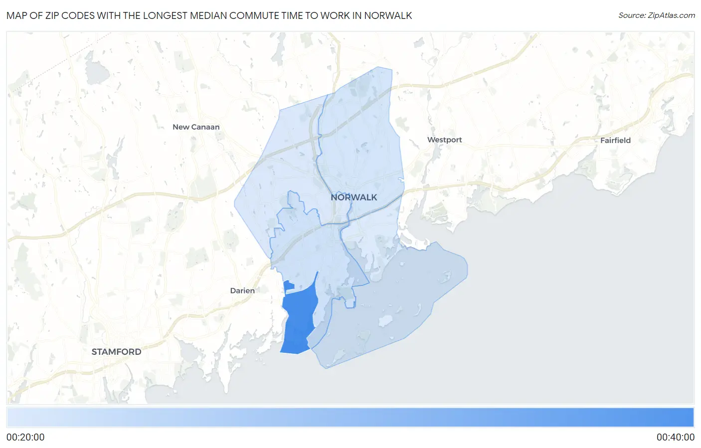 Zip Codes with the Longest Median Commute Time to Work in Norwalk Map