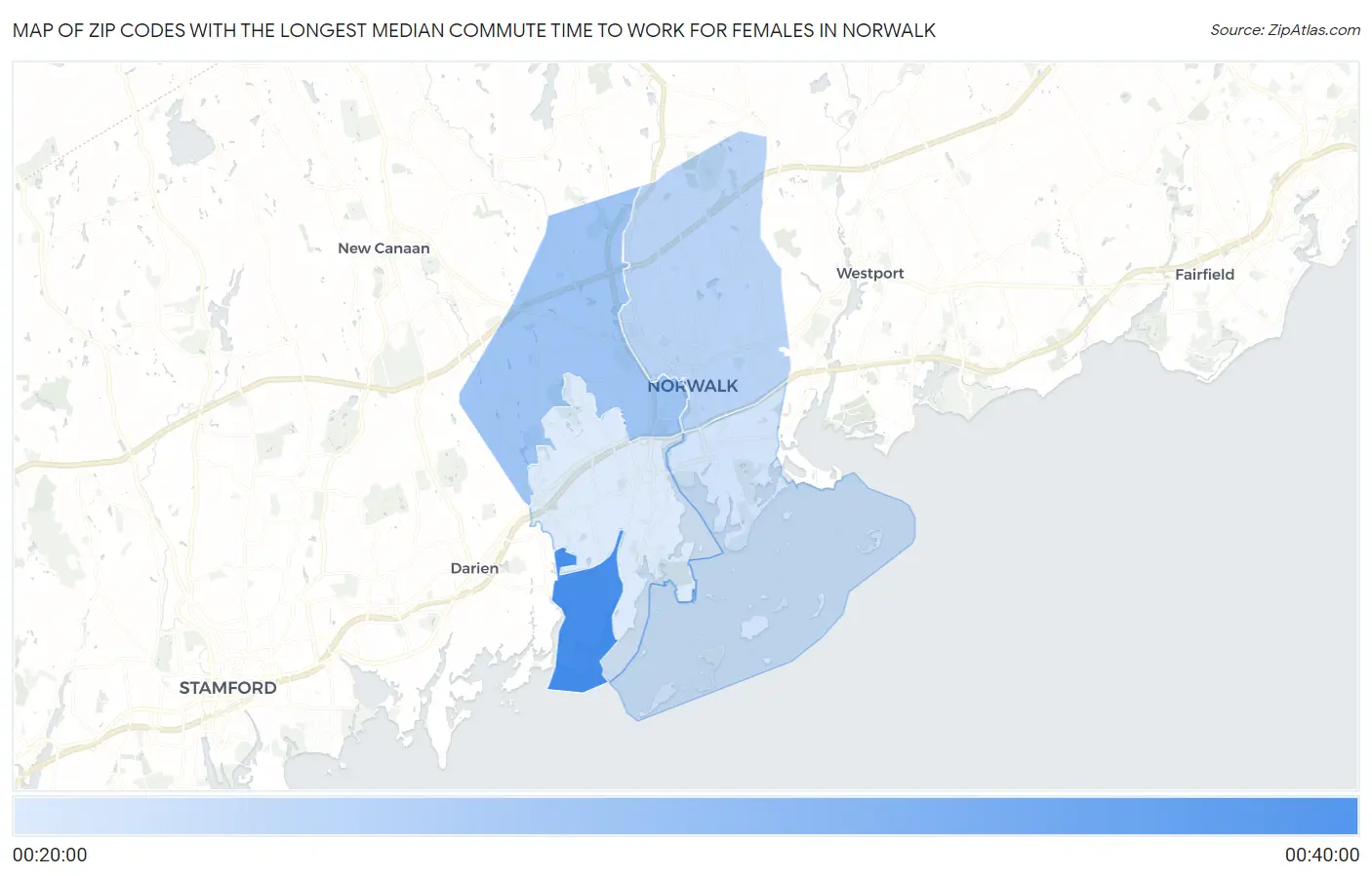 Zip Codes with the Longest Median Commute Time to Work for Females in Norwalk Map