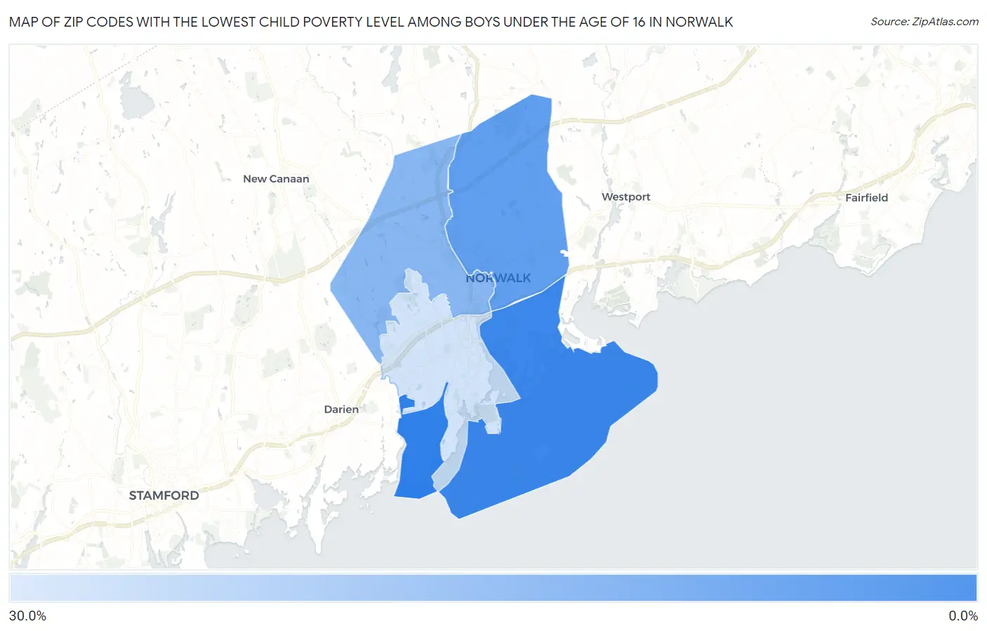 Zip Codes with the Lowest Child Poverty Level Among Boys Under the Age of 16 in Norwalk Map