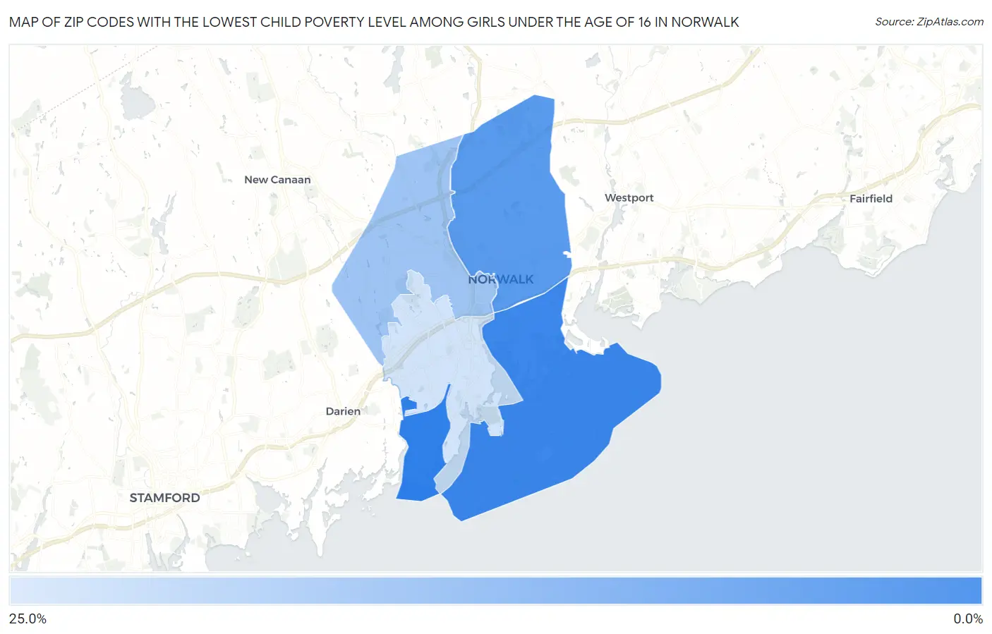 Zip Codes with the Lowest Child Poverty Level Among Girls Under the Age of 16 in Norwalk Map
