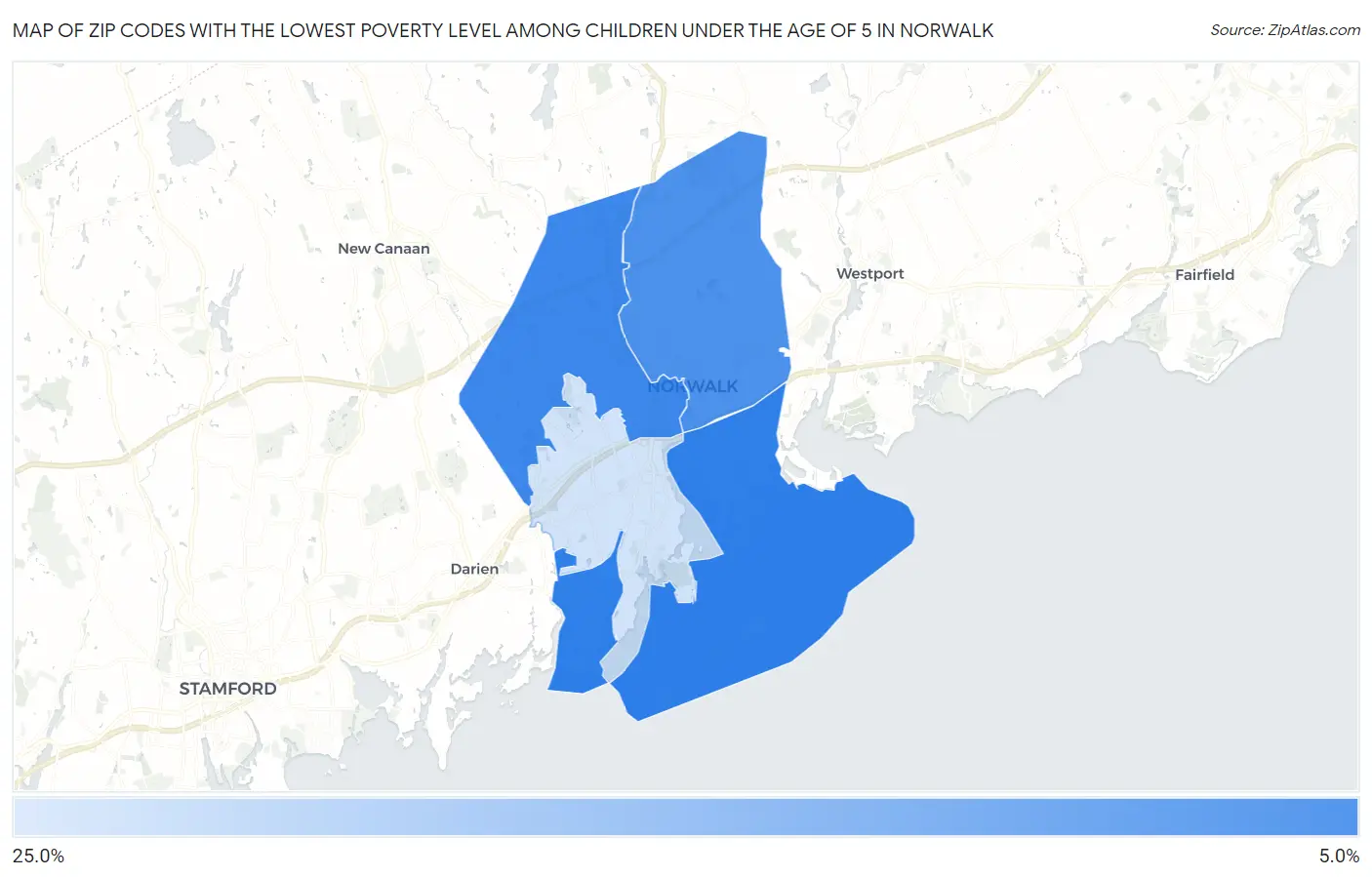Zip Codes with the Lowest Poverty Level Among Children Under the Age of 5 in Norwalk Map