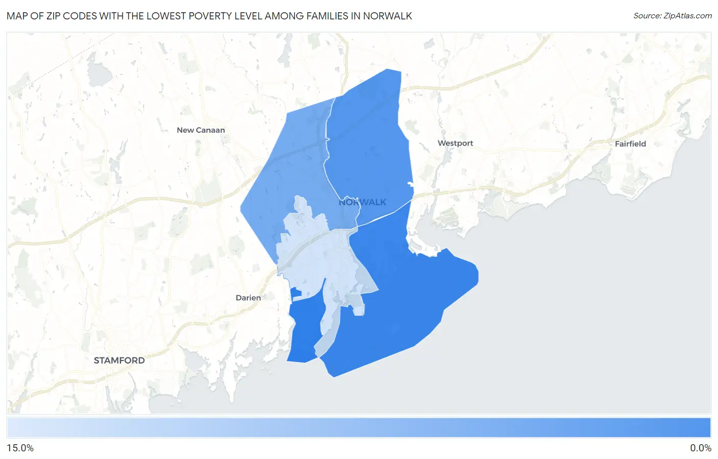 Zip Codes with the Lowest Poverty Level Among Families in Norwalk Map