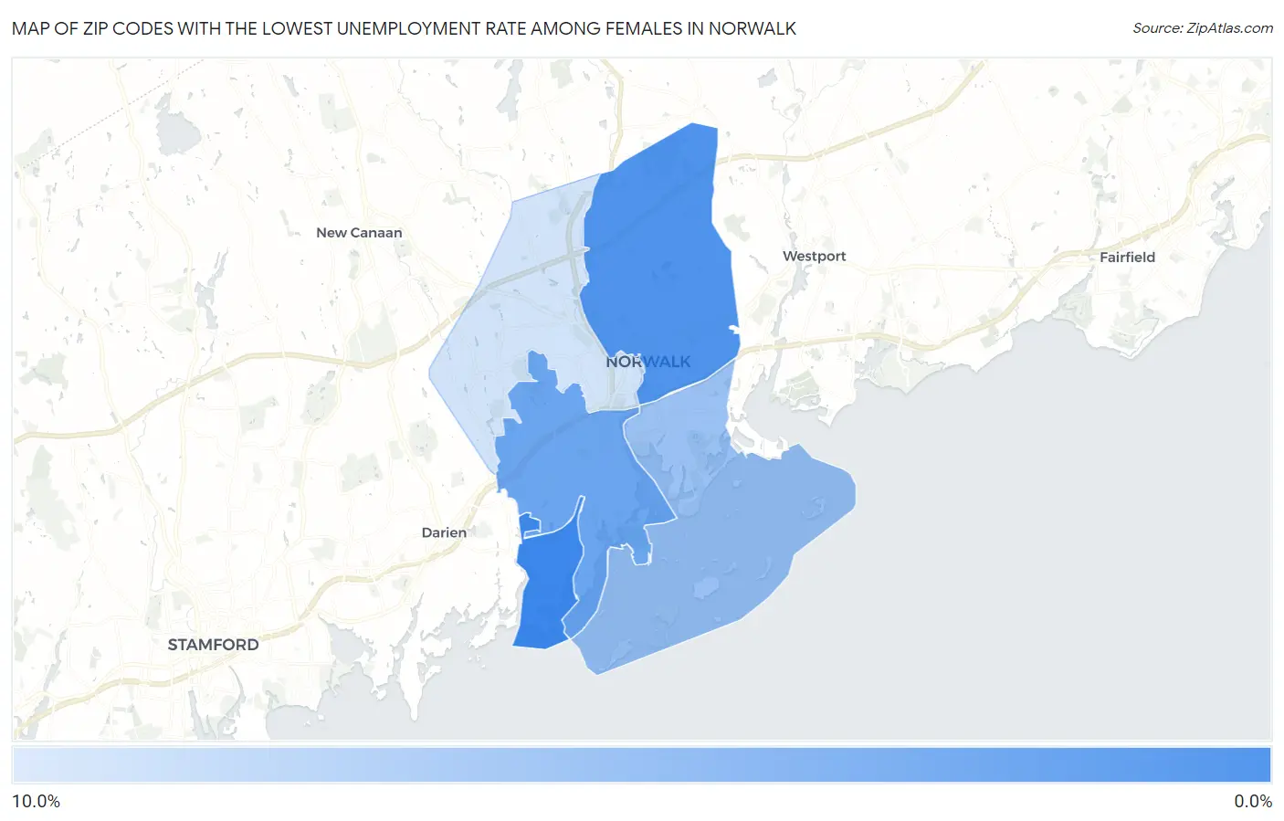 Zip Codes with the Lowest Unemployment Rate Among Females in Norwalk Map
