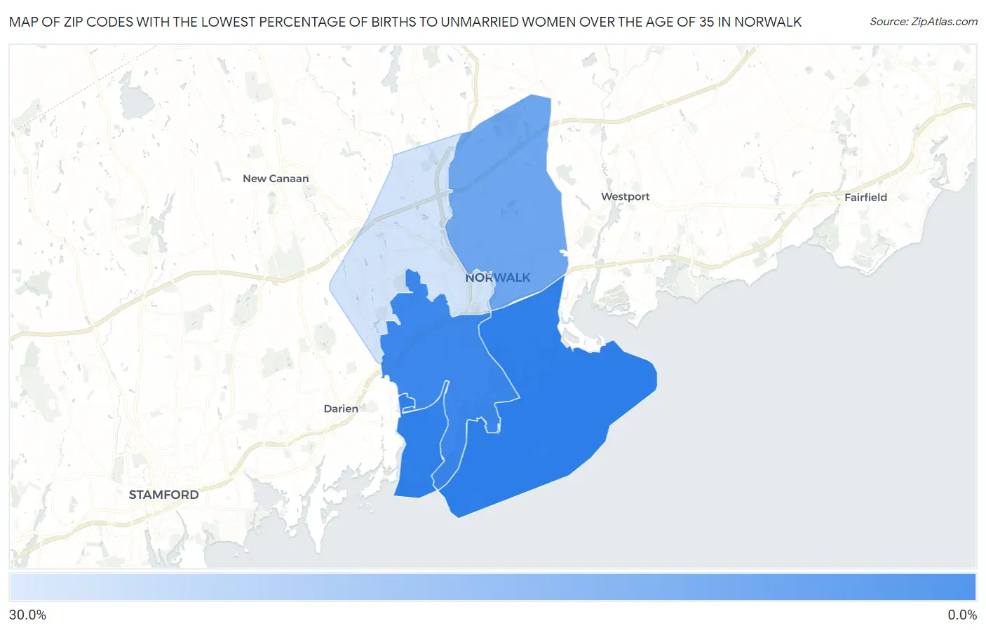 Zip Codes with the Lowest Percentage of Births to Unmarried Women over the Age of 35 in Norwalk Map