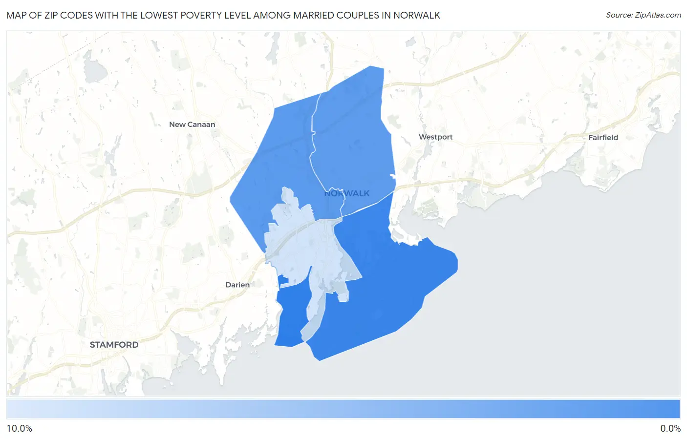 Zip Codes with the Lowest Poverty Level Among Married Couples in Norwalk Map