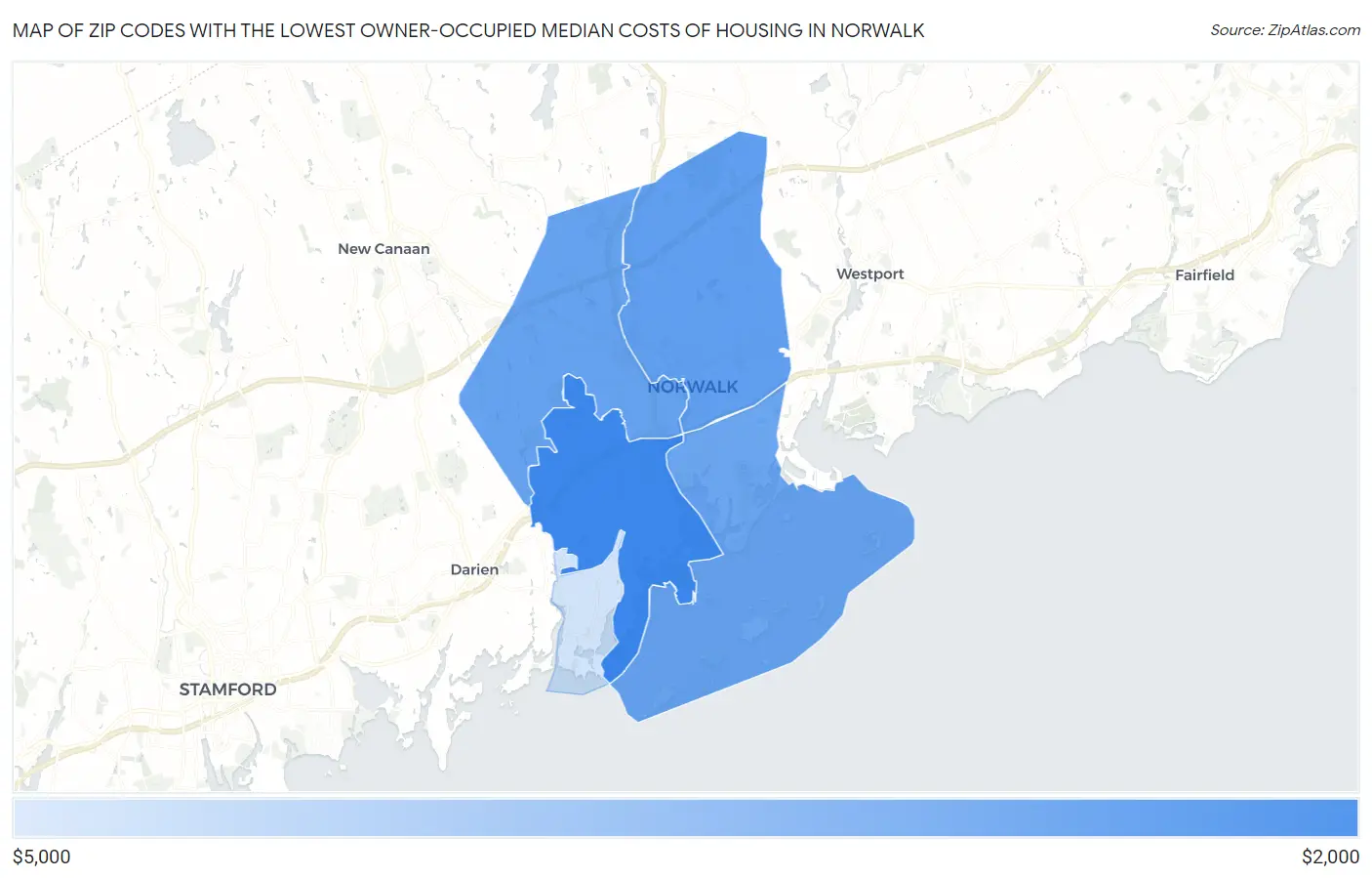 Zip Codes with the Lowest Owner-Occupied Median Costs of Housing in Norwalk Map