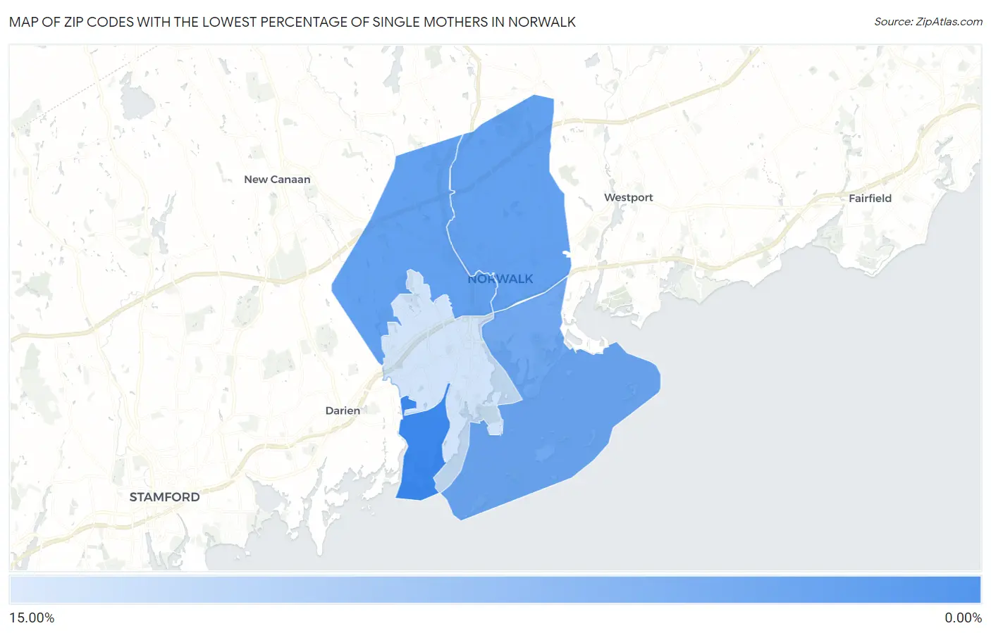 Zip Codes with the Lowest Percentage of Single Mothers in Norwalk Map