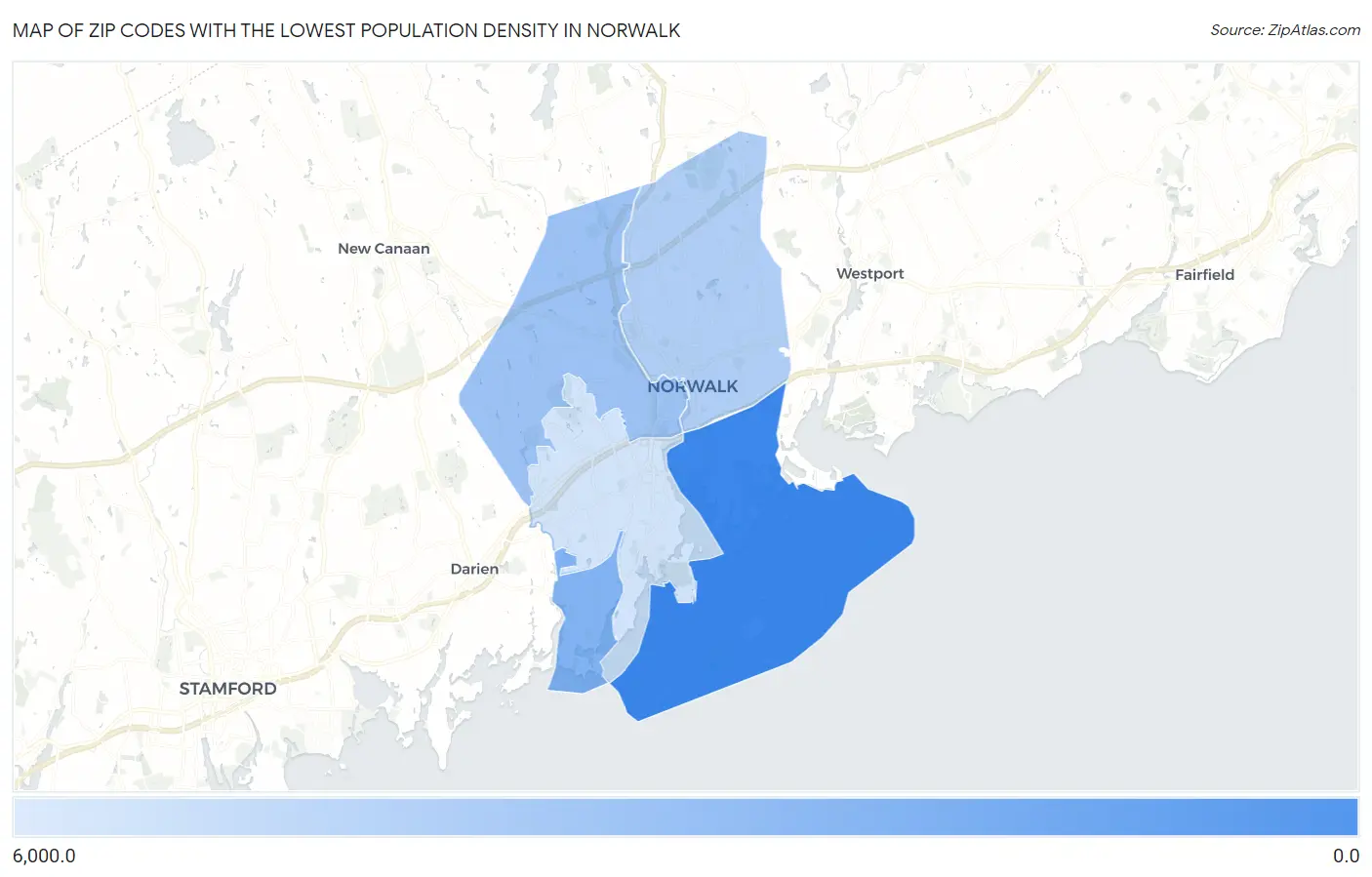 Zip Codes with the Lowest Population Density in Norwalk Map