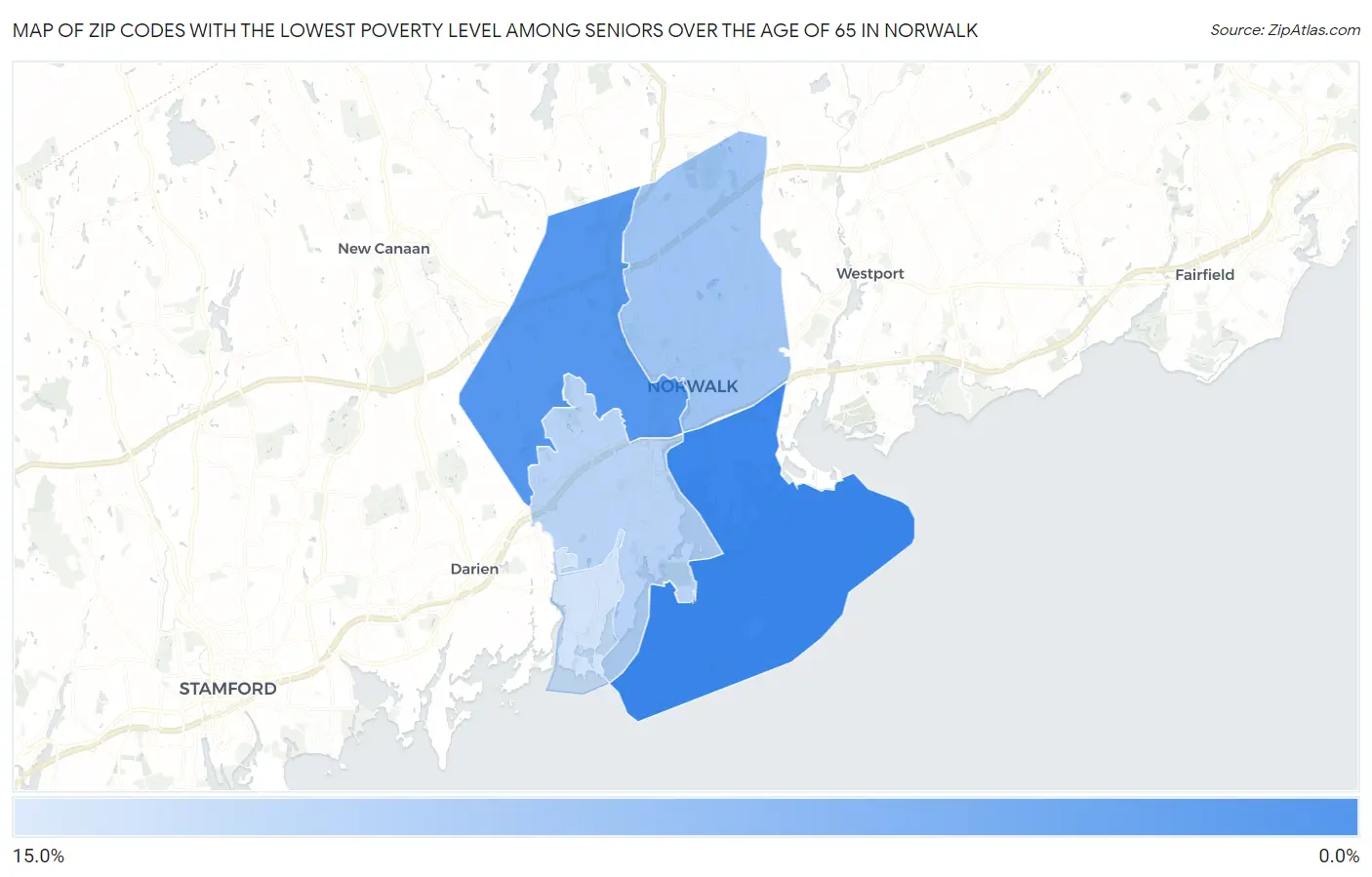 Zip Codes with the Lowest Poverty Level Among Seniors Over the Age of 65 in Norwalk Map