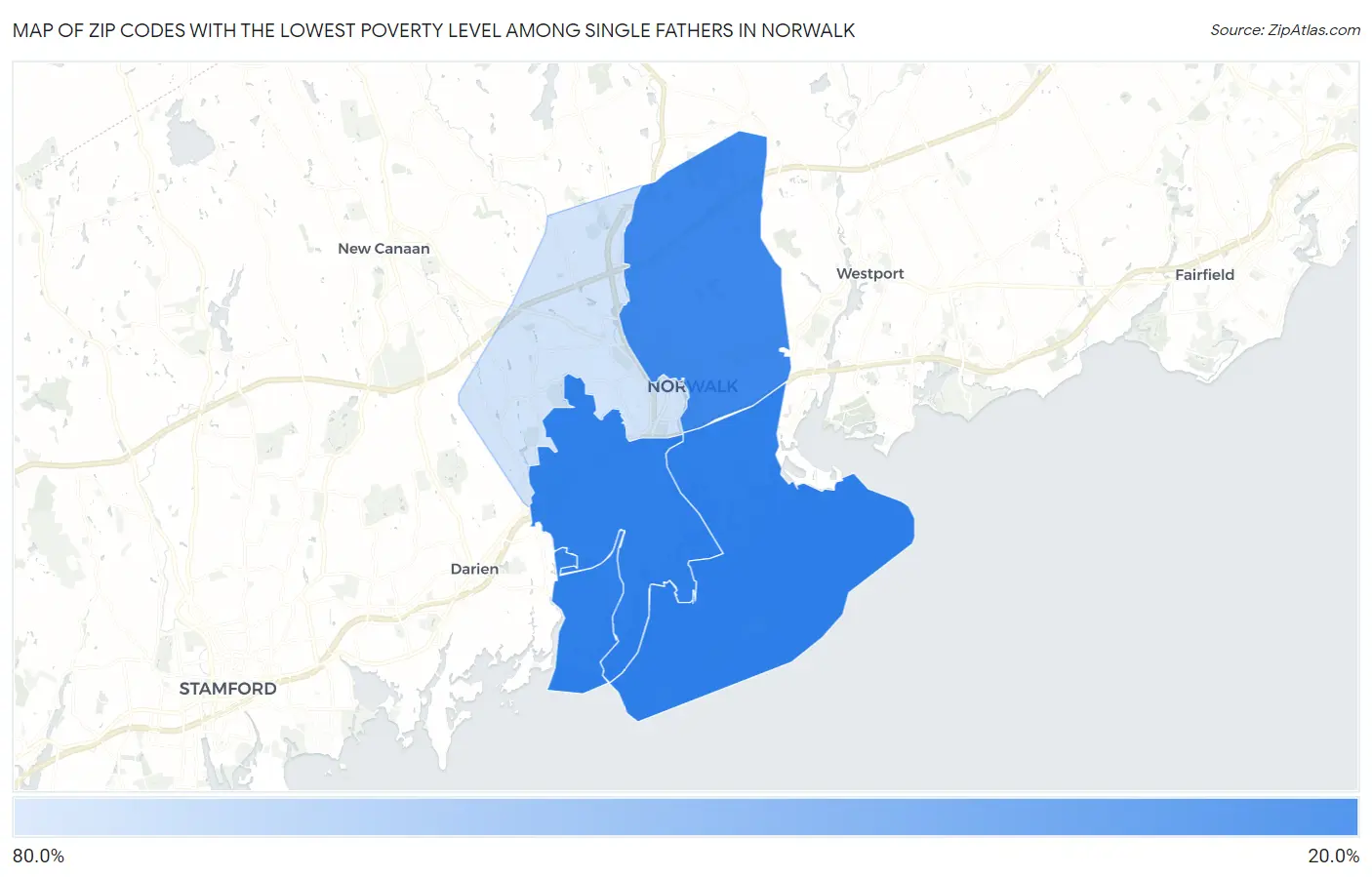 Zip Codes with the Lowest Poverty Level Among Single Fathers in Norwalk Map