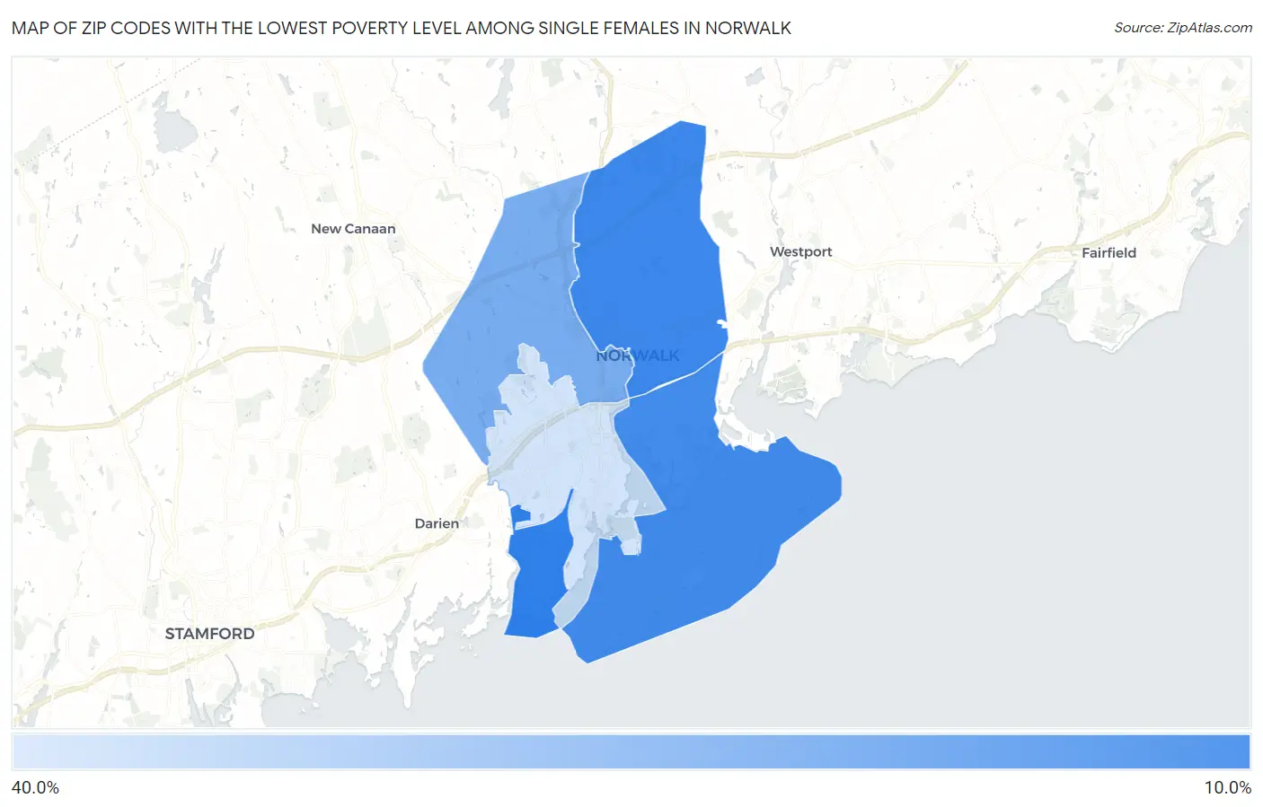 Zip Codes with the Lowest Poverty Level Among Single Females in Norwalk Map