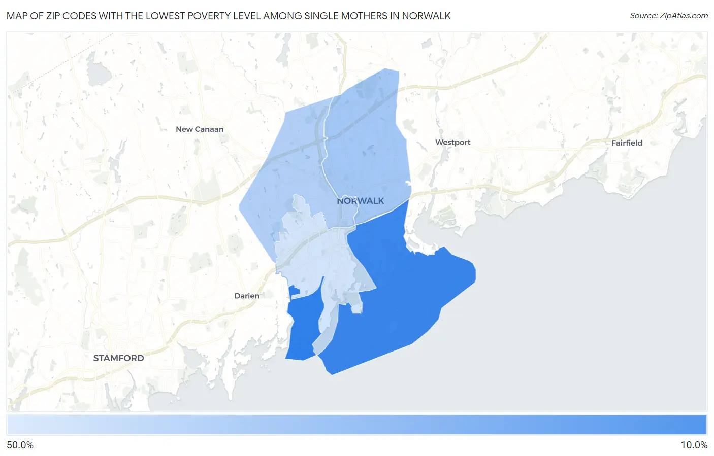 Zip Codes with the Lowest Poverty Level Among Single Mothers in Norwalk Map