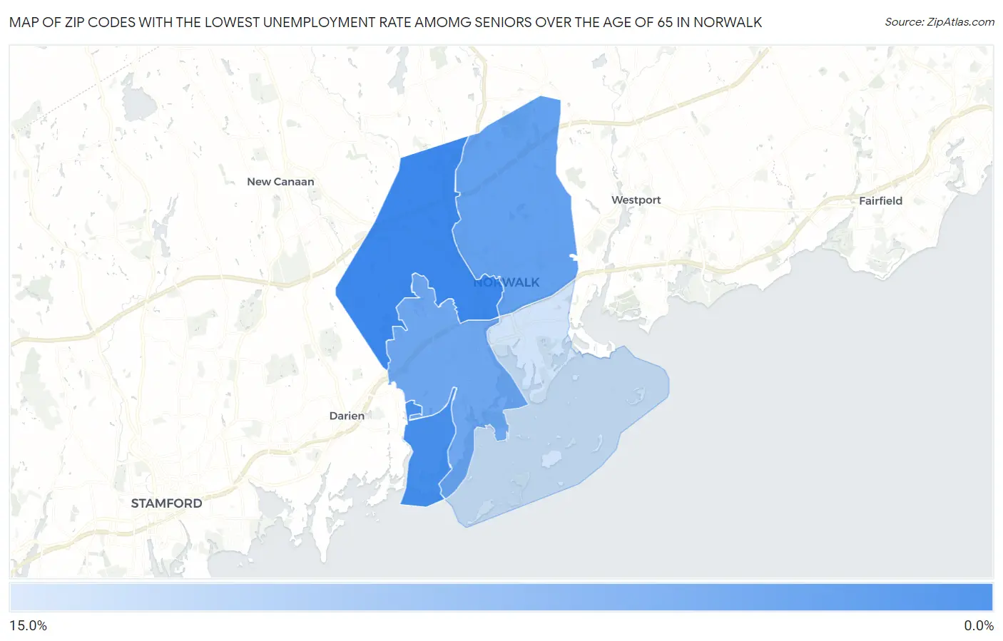 Zip Codes with the Lowest Unemployment Rate Amomg Seniors Over the Age of 65 in Norwalk Map
