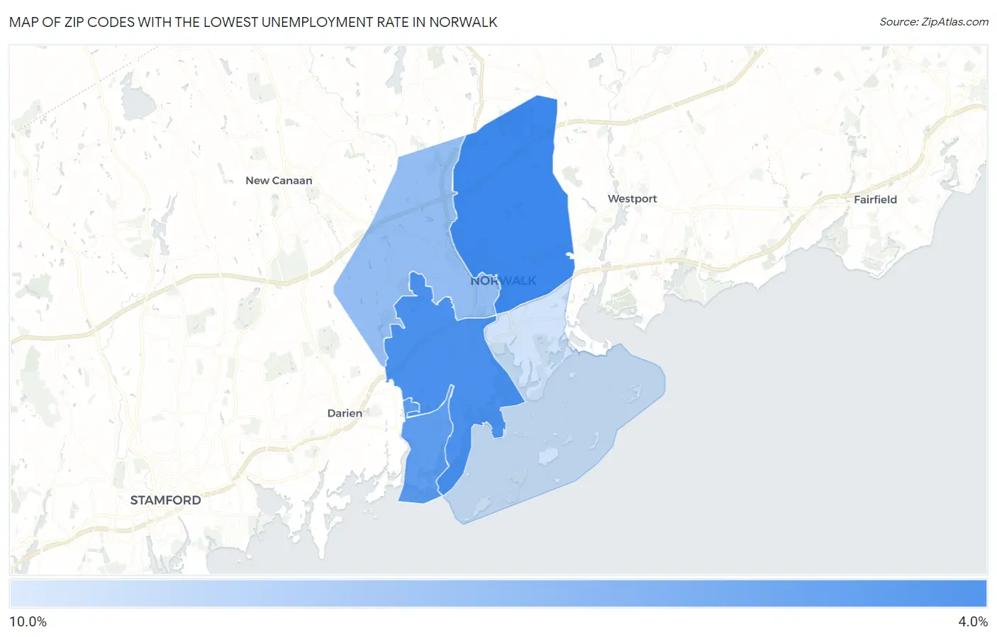Zip Codes with the Lowest Unemployment Rate in Norwalk Map