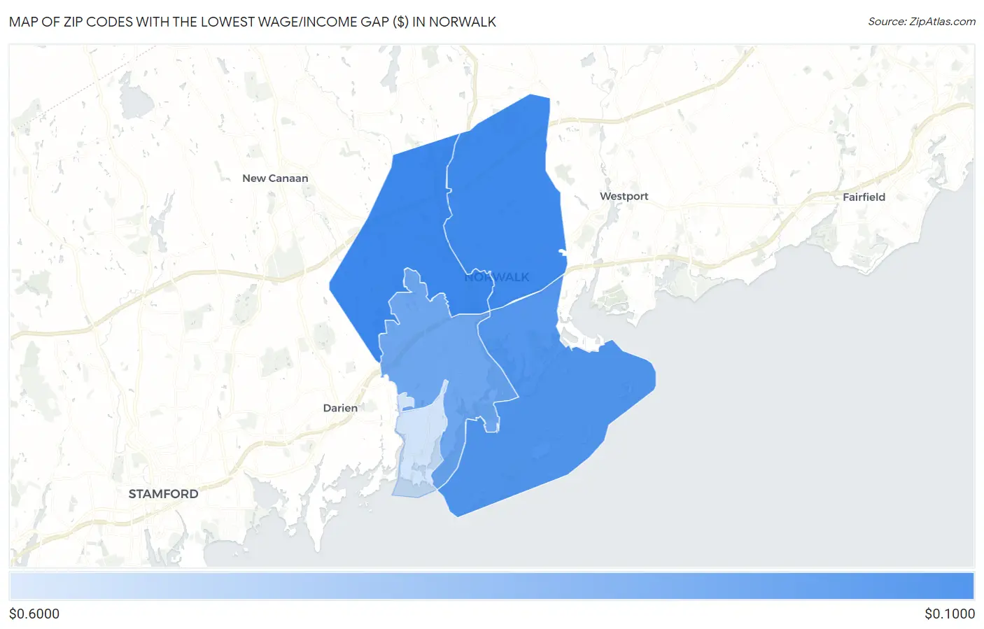 Zip Codes with the Lowest Wage/Income Gap ($) in Norwalk Map