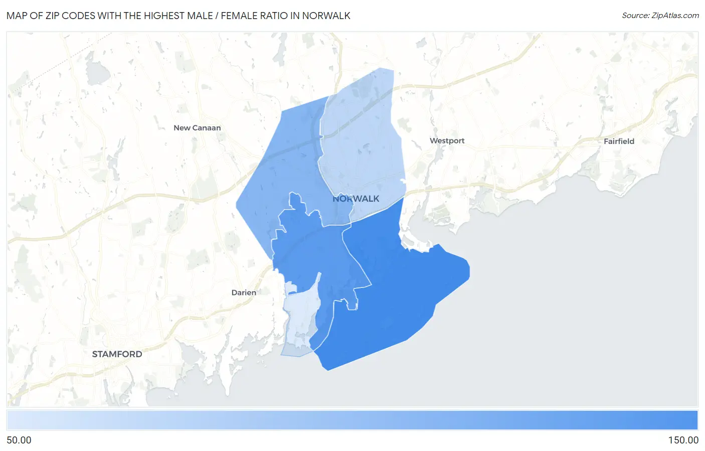 Zip Codes with the Highest Male / Female Ratio in Norwalk Map
