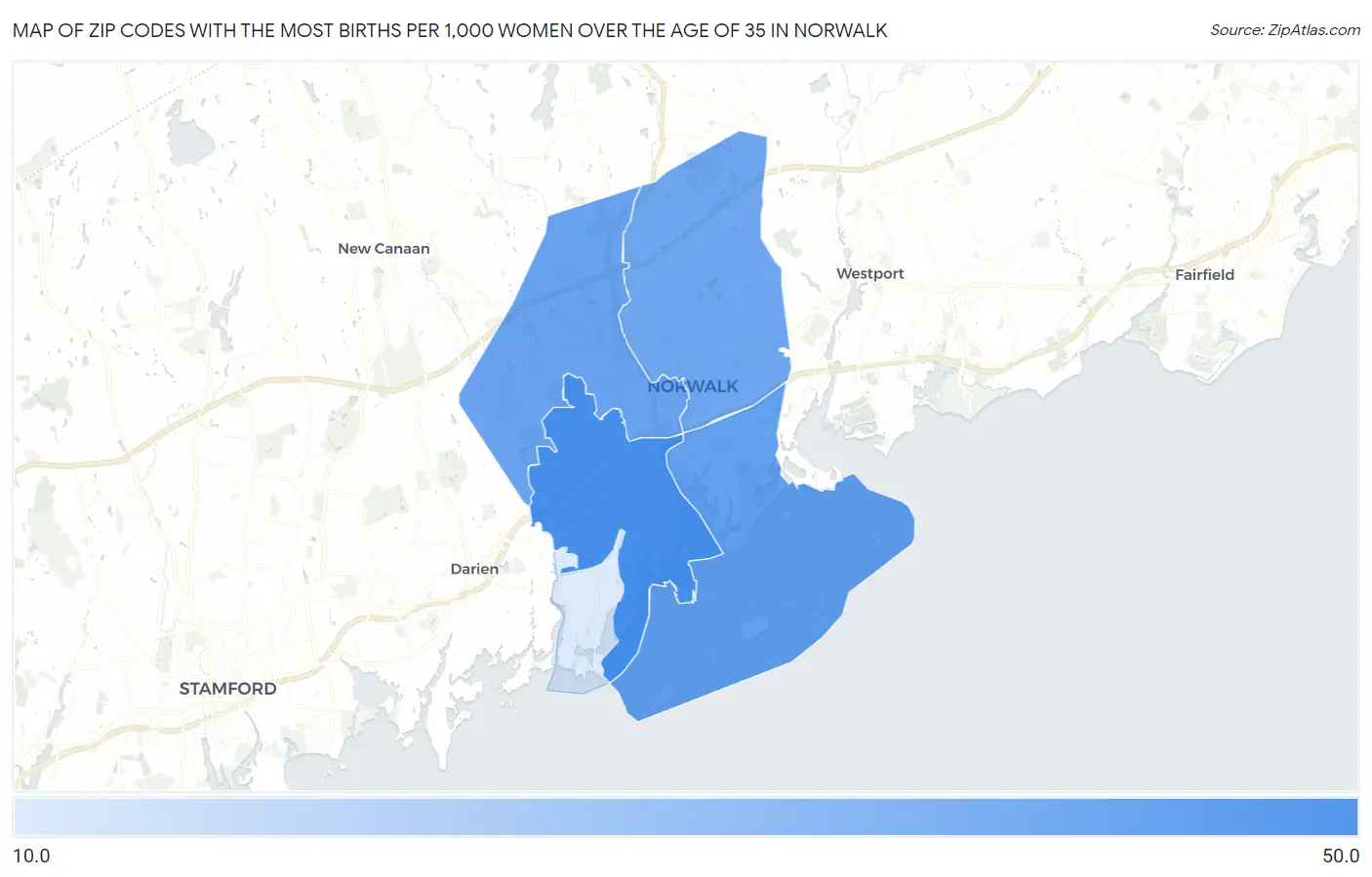 Zip Codes with the Most Births per 1,000 Women Over the Age of 35 in Norwalk Map