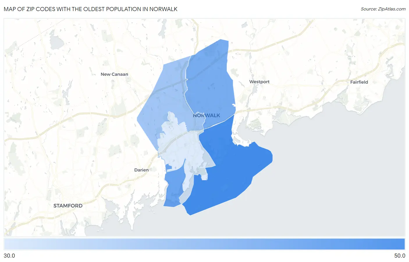 Zip Codes with the Oldest Population in Norwalk Map