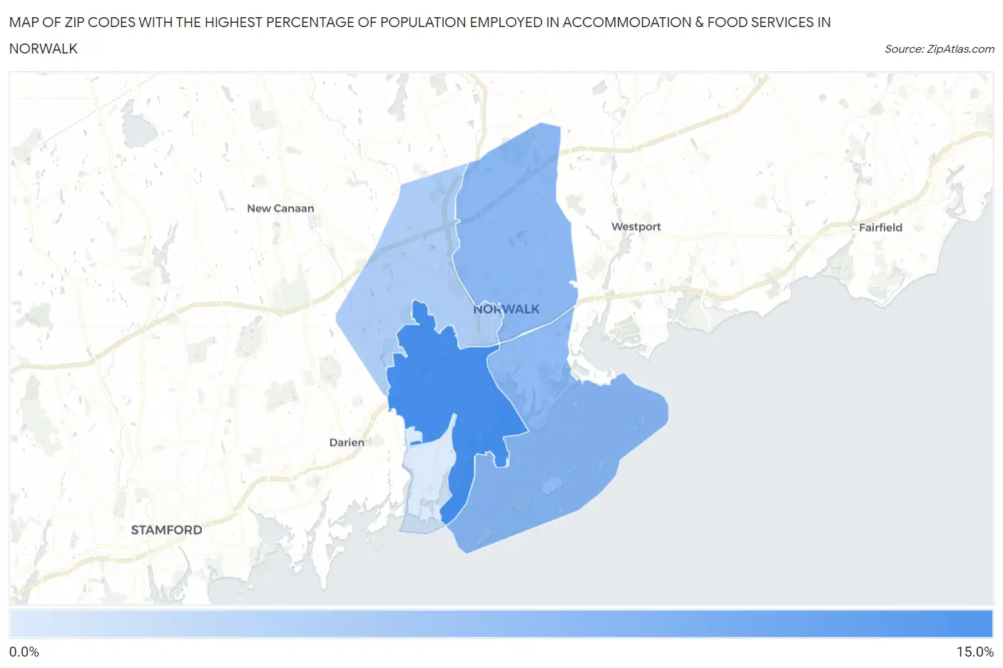 Zip Codes with the Highest Percentage of Population Employed in Accommodation & Food Services in Norwalk Map