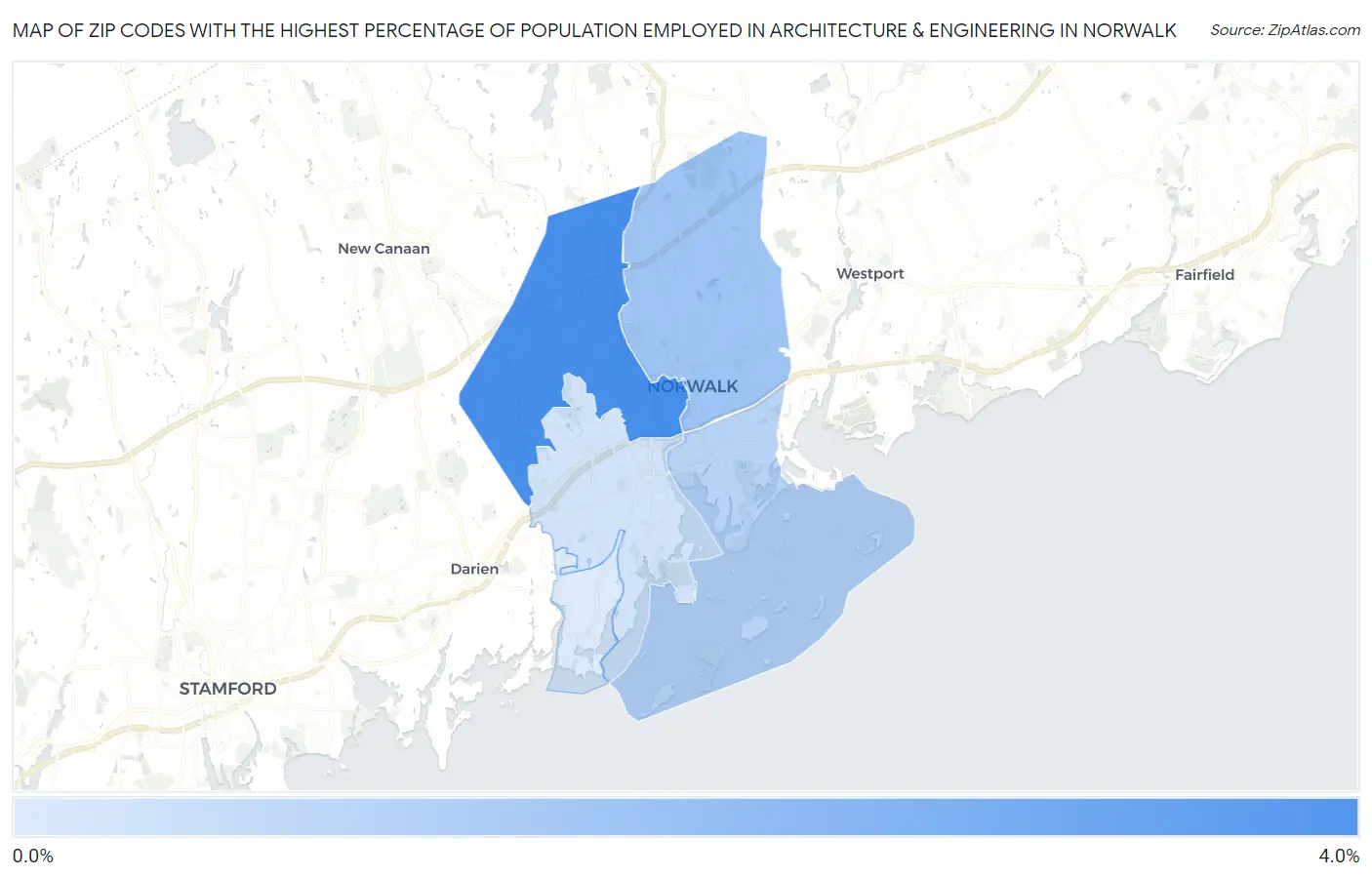 Zip Codes with the Highest Percentage of Population Employed in Architecture & Engineering in Norwalk Map