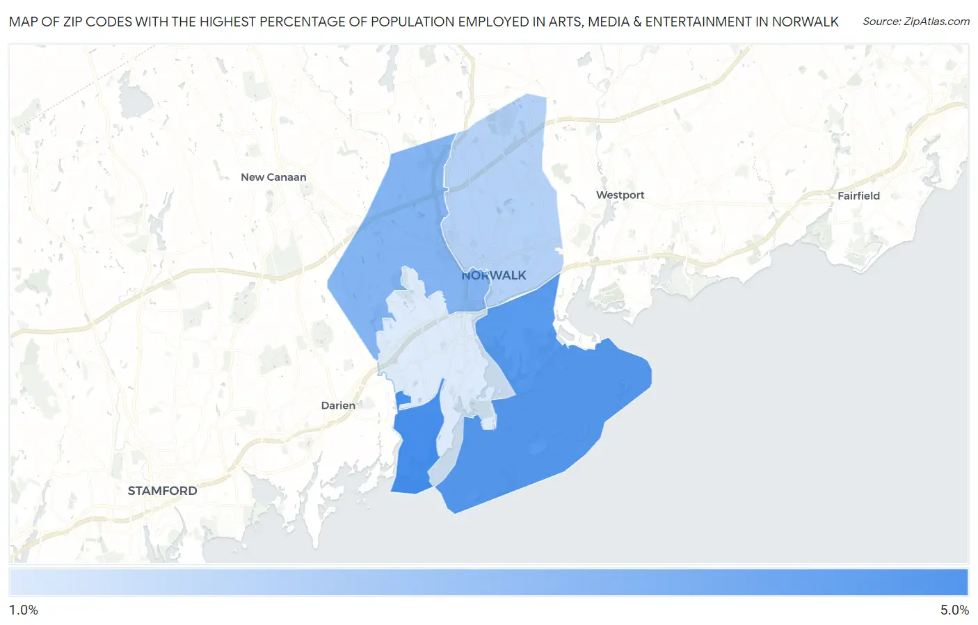 Zip Codes with the Highest Percentage of Population Employed in Arts, Media & Entertainment in Norwalk Map