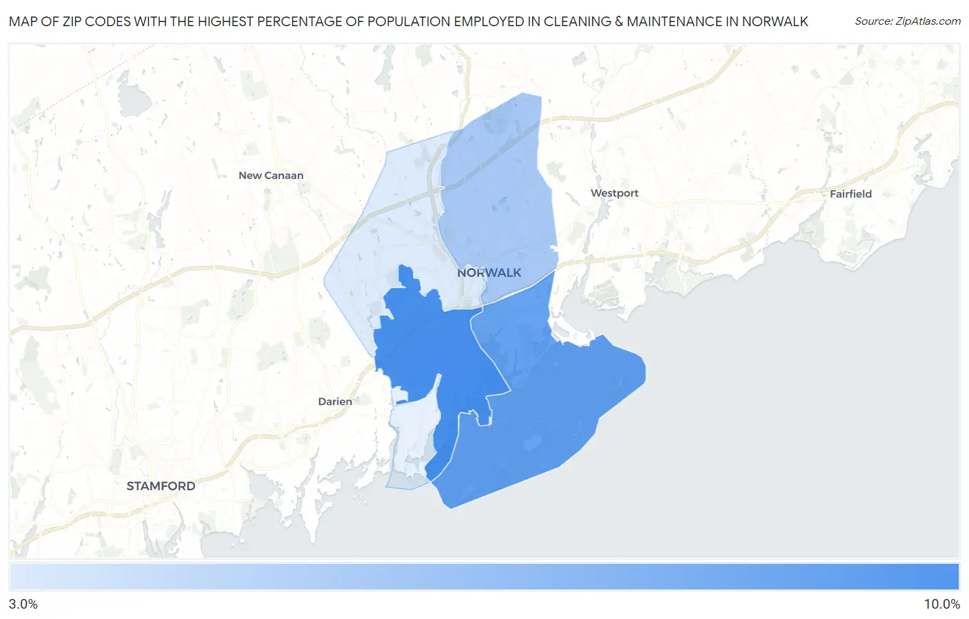 Zip Codes with the Highest Percentage of Population Employed in Cleaning & Maintenance in Norwalk Map