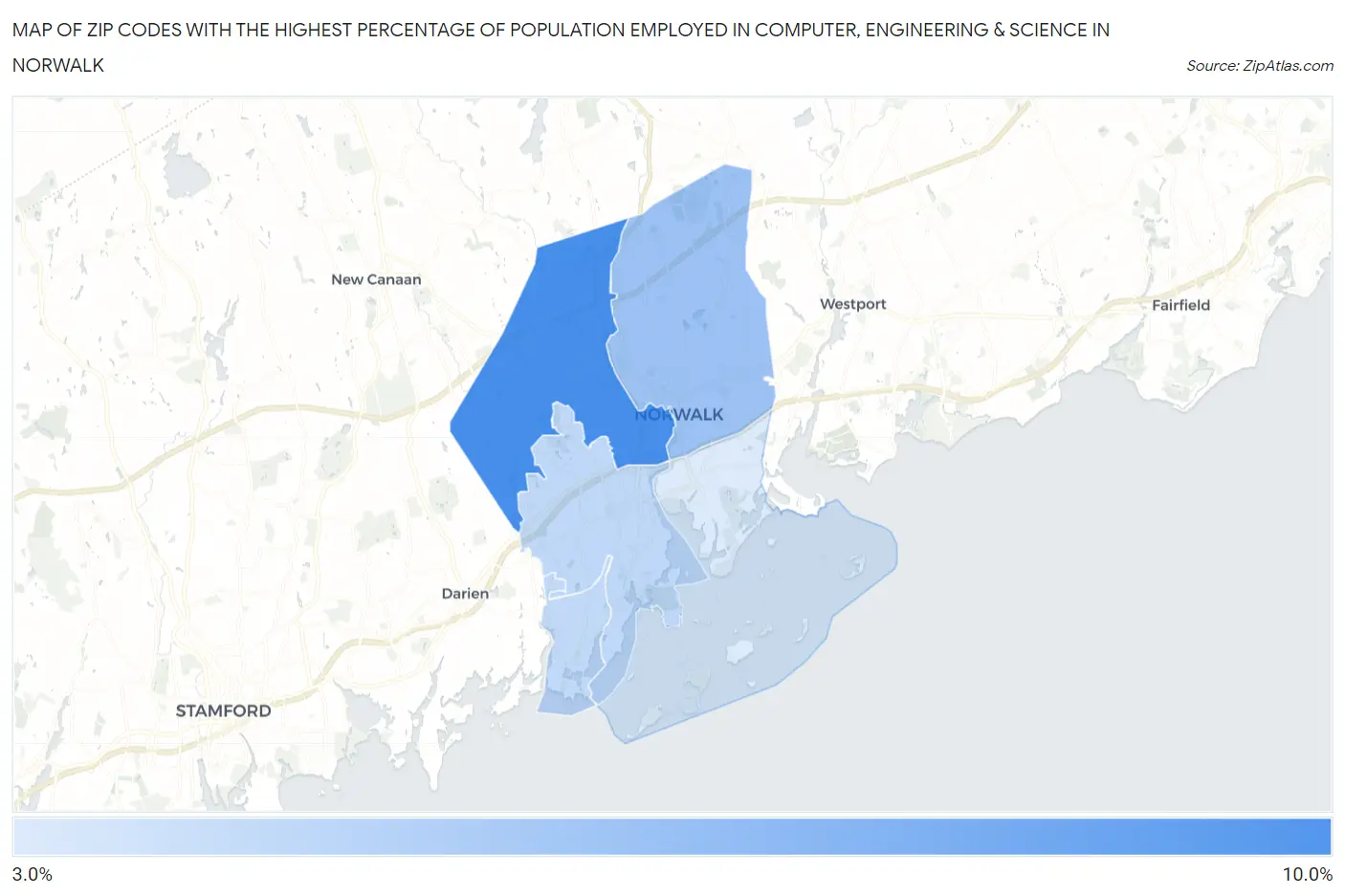 Zip Codes with the Highest Percentage of Population Employed in Computer, Engineering & Science in Norwalk Map