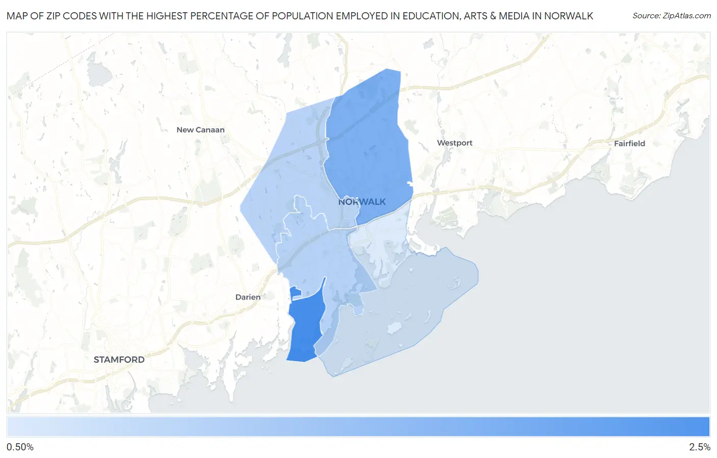Zip Codes with the Highest Percentage of Population Employed in Education, Arts & Media in Norwalk Map