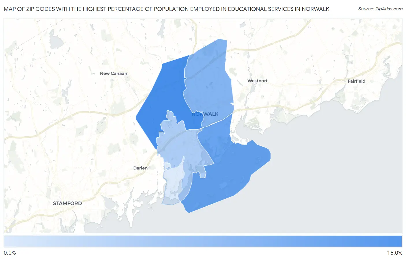 Zip Codes with the Highest Percentage of Population Employed in Educational Services in Norwalk Map