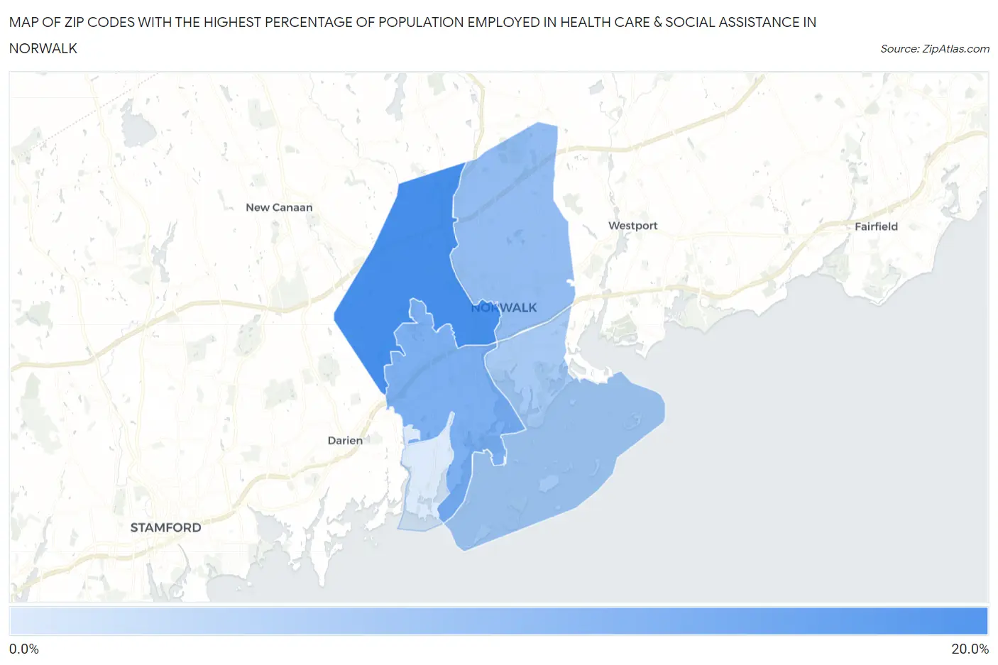 Zip Codes with the Highest Percentage of Population Employed in Health Care & Social Assistance in Norwalk Map