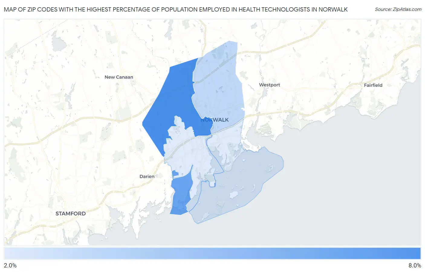 Zip Codes with the Highest Percentage of Population Employed in Health Technologists in Norwalk Map