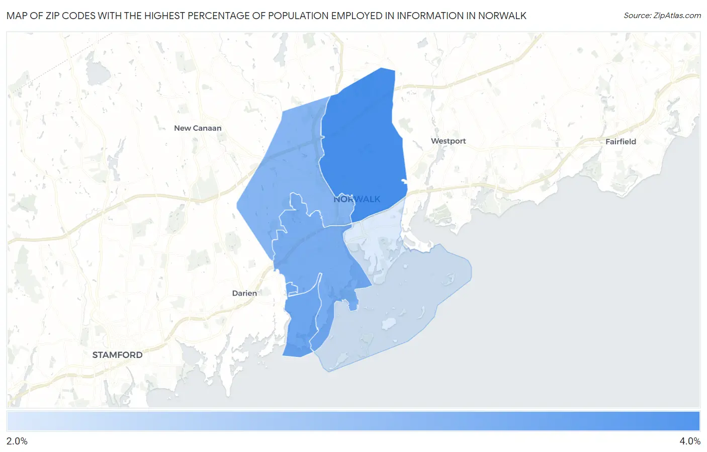 Zip Codes with the Highest Percentage of Population Employed in Information in Norwalk Map