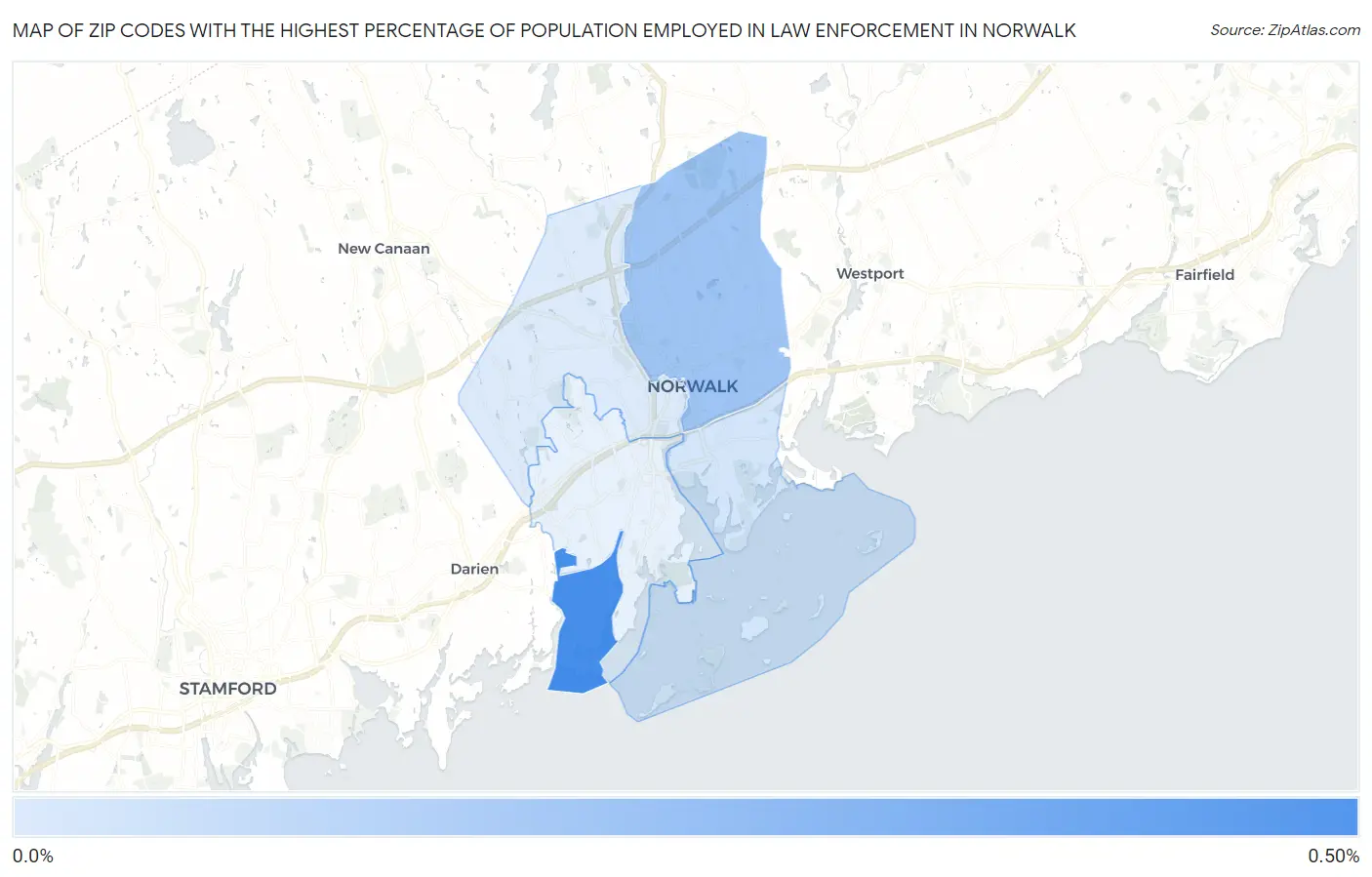 Zip Codes with the Highest Percentage of Population Employed in Law Enforcement in Norwalk Map