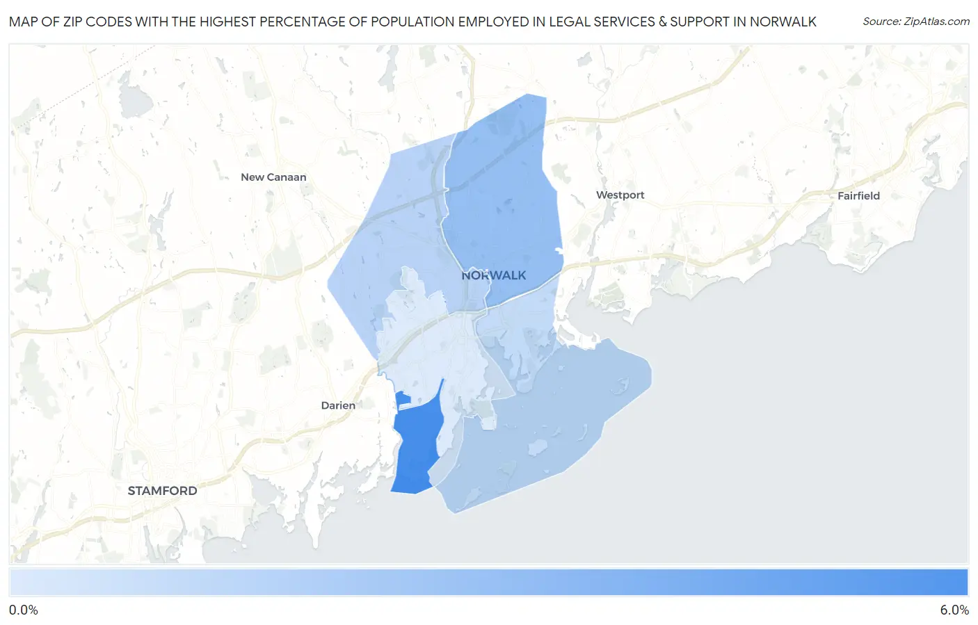 Zip Codes with the Highest Percentage of Population Employed in Legal Services & Support in Norwalk Map