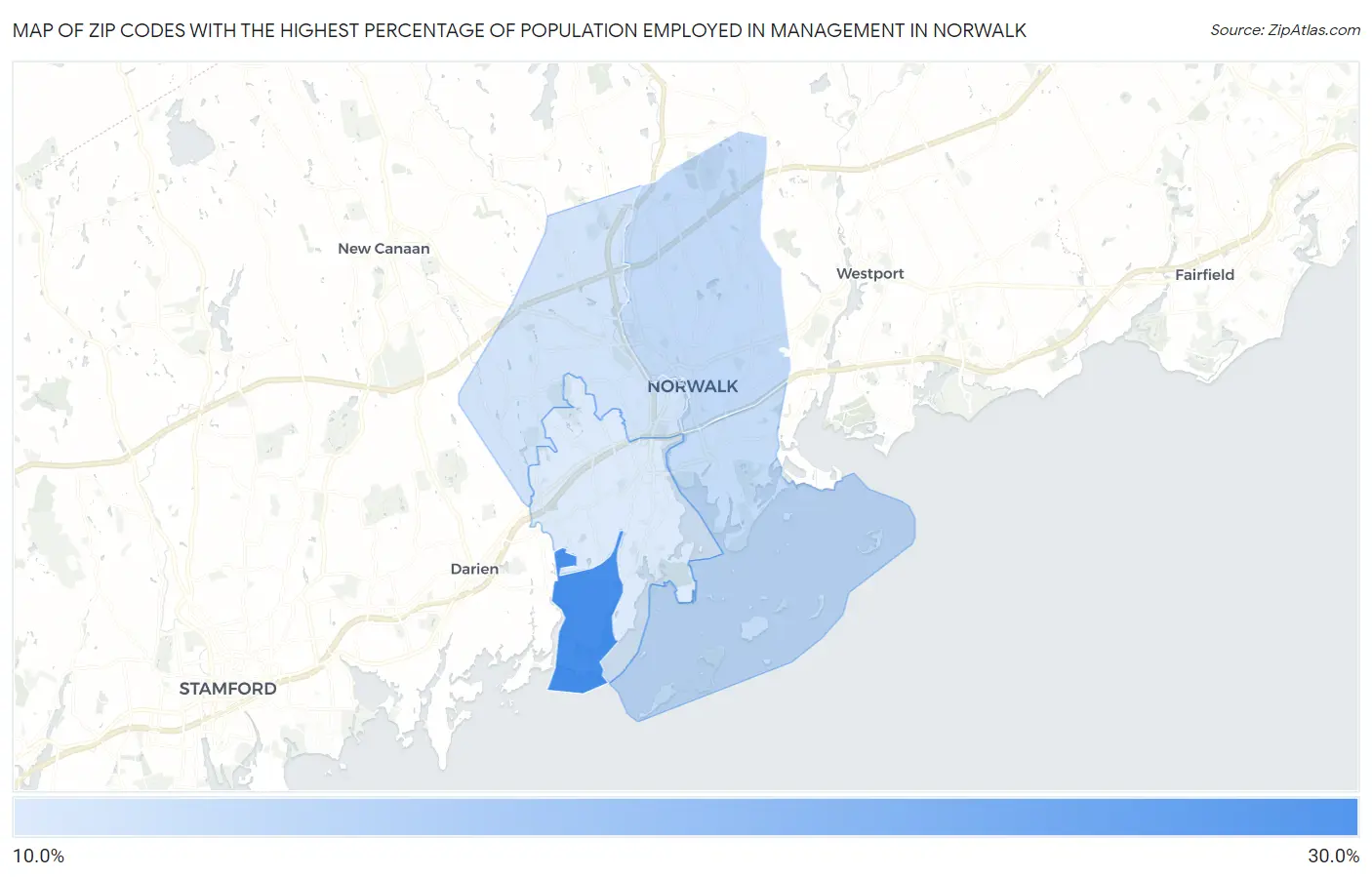 Zip Codes with the Highest Percentage of Population Employed in Management in Norwalk Map