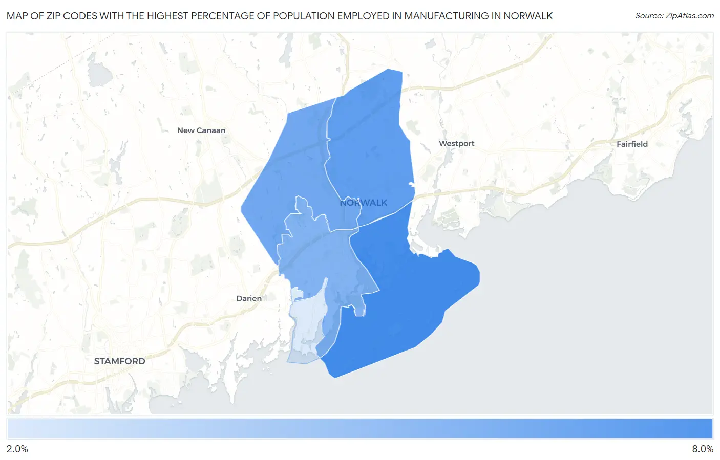 Zip Codes with the Highest Percentage of Population Employed in Manufacturing in Norwalk Map
