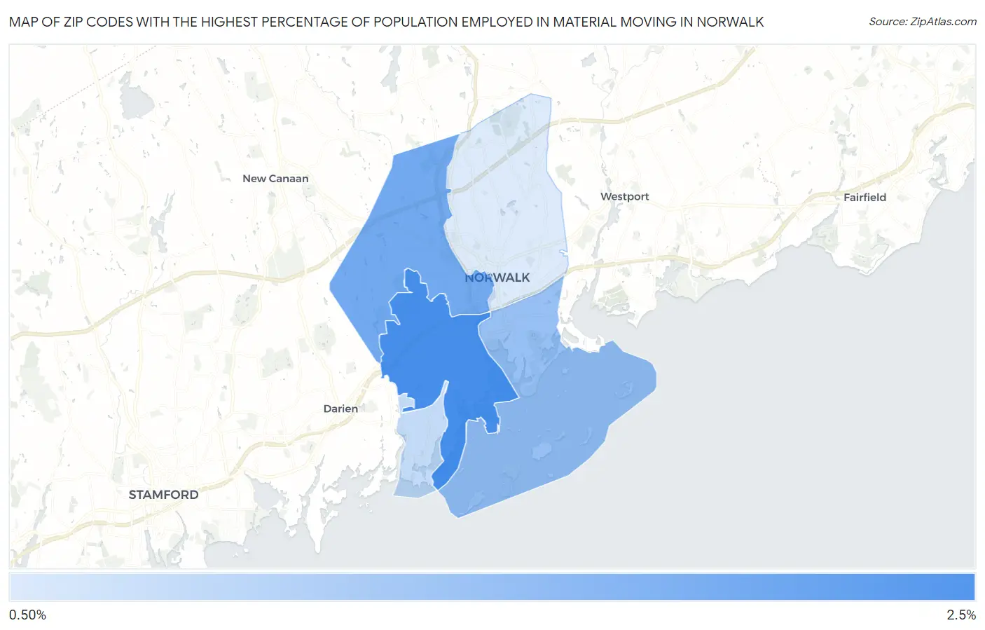 Zip Codes with the Highest Percentage of Population Employed in Material Moving in Norwalk Map