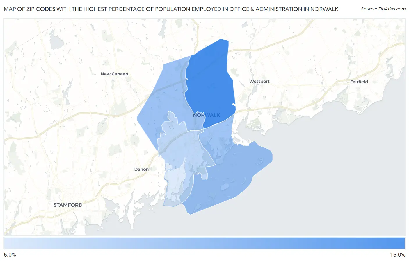 Zip Codes with the Highest Percentage of Population Employed in Office & Administration in Norwalk Map