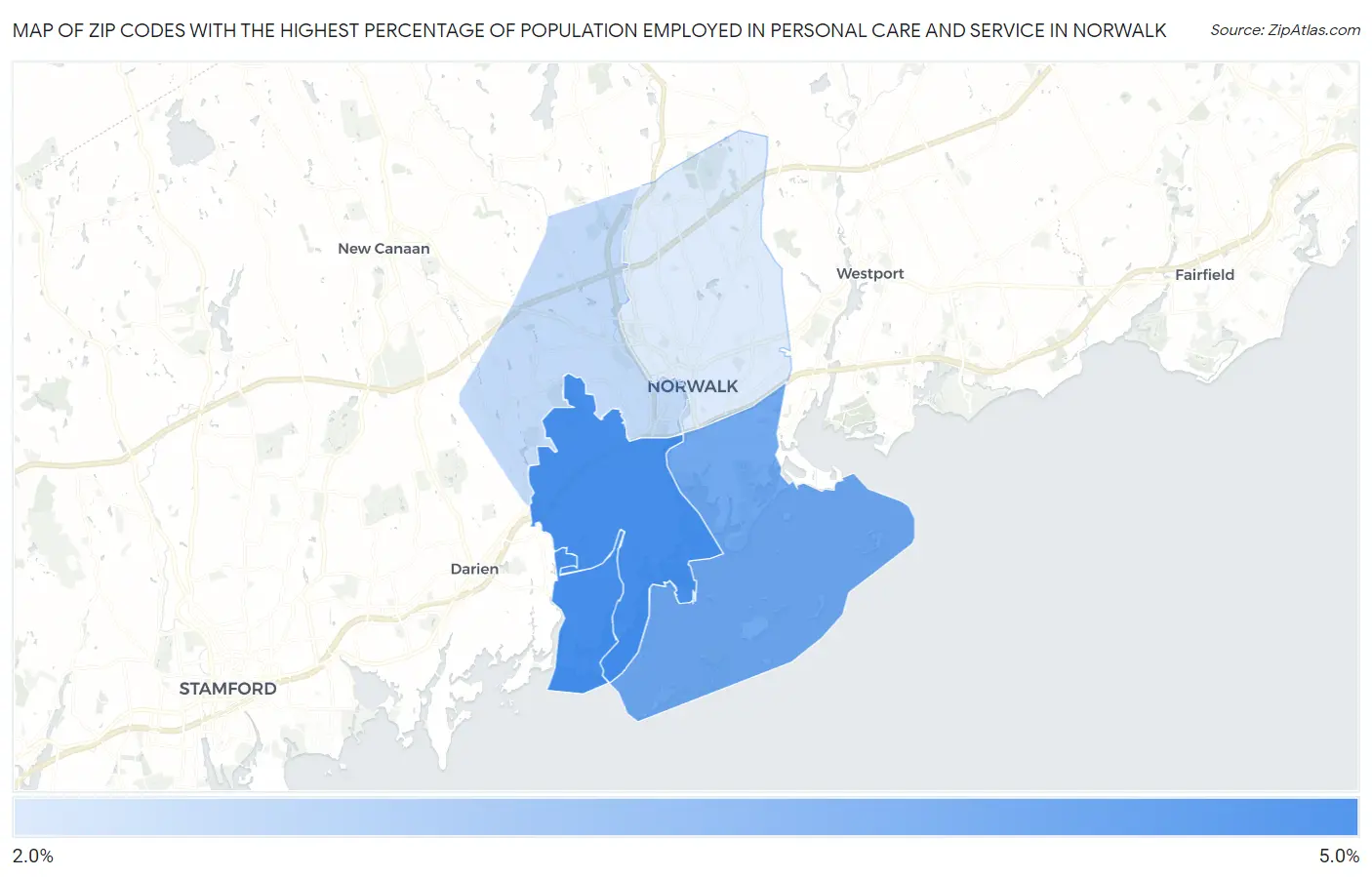 Zip Codes with the Highest Percentage of Population Employed in Personal Care and Service in Norwalk Map