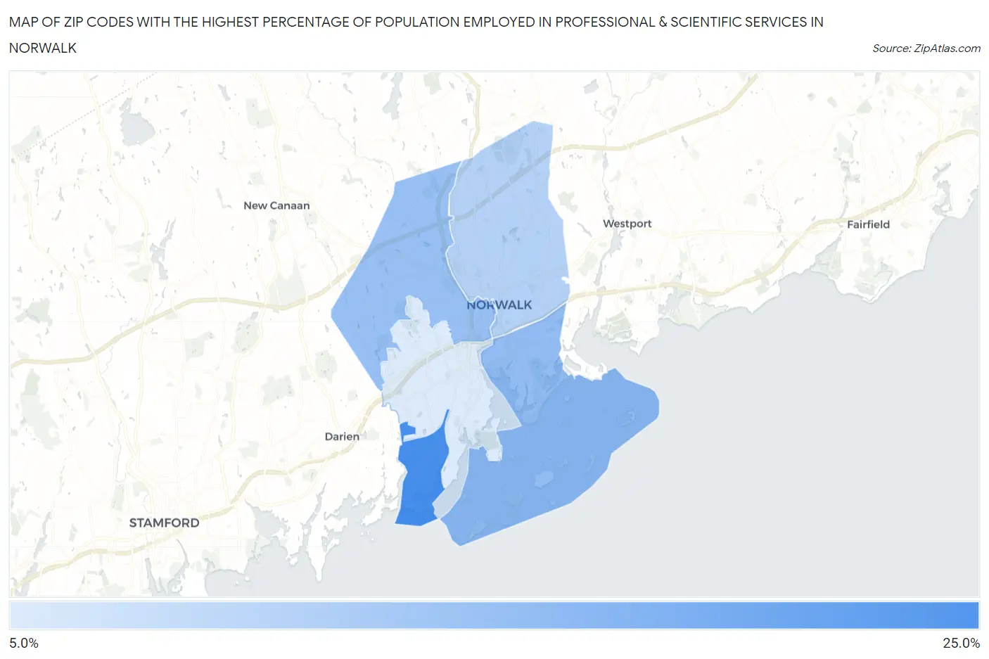Zip Codes with the Highest Percentage of Population Employed in Professional & Scientific Services in Norwalk Map
