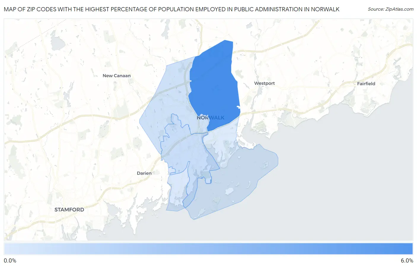 Zip Codes with the Highest Percentage of Population Employed in Public Administration in Norwalk Map
